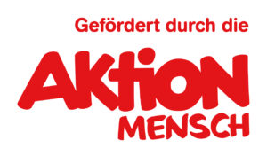 Logo Aktion Mensch, red letters on white ground, in German: funded by Aktion Mensch 